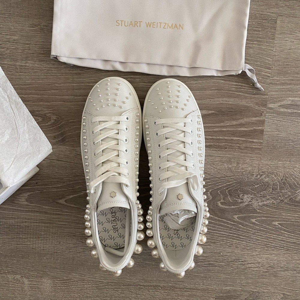 Stuart Weitzman Goldie Pearl Embellished Leather Sneakers.